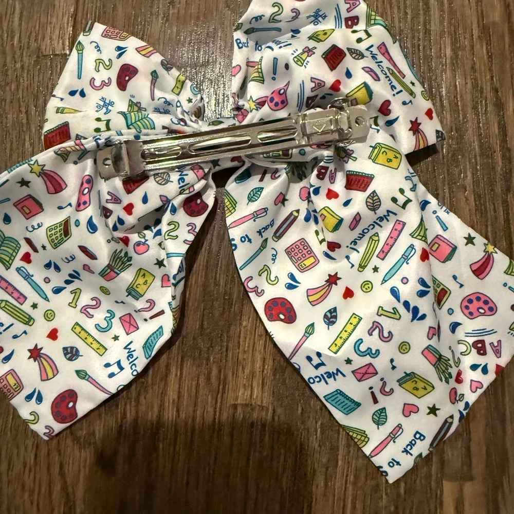Colorful Kids School Themed Hair Bows Denim and White